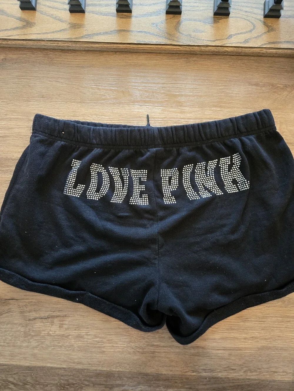 PINK Victoria’s Secret XXL Black Rhinestone Logo Fleece Shorts Casual Y2K